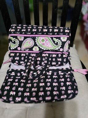 Vera Bradley Black Quilted Tote with Pink & Green Elephant Print